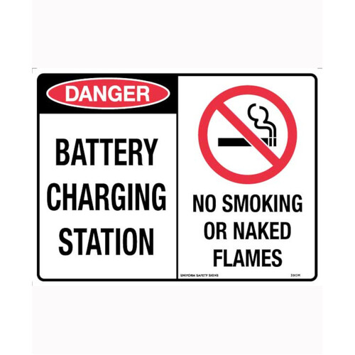 WORKWEAR, SAFETY & CORPORATE CLOTHING SPECIALISTS - 450x300mm - Metal - Danger Battery Charging Station / No Smoking or Naked Flames