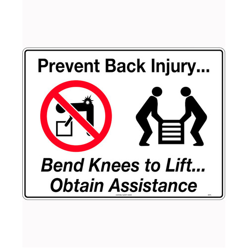 WORKWEAR, SAFETY & CORPORATE CLOTHING SPECIALISTS 600x400mm - Poly - Prevent Back Injury, Bend Knees to Lift.Obtain Assistance