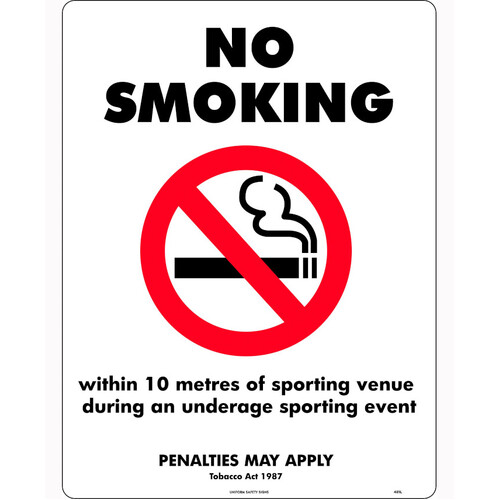 WORKWEAR, SAFETY & CORPORATE CLOTHING SPECIALISTS - 240x180mm - Self Adhesive - No Smoking, Within 10 Metres Of Sporting Venue During an Underage Sporti