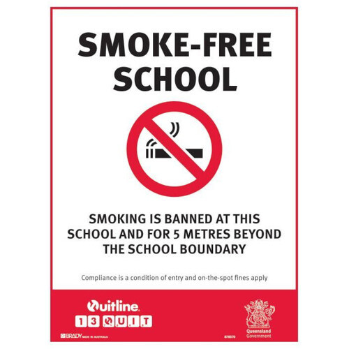 WORKWEAR, SAFETY & CORPORATE CLOTHING SPECIALISTS - 450x300mm - Metal - Smoke-Free School, Smoking is Banned at This School and for 5 Metres Beyond the School Boundary (QLD Standard)