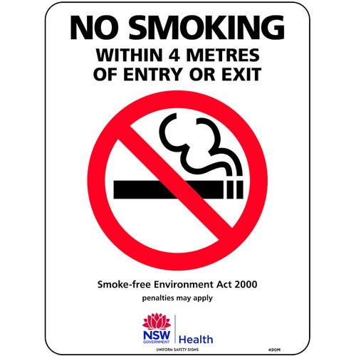 WORKWEAR, SAFETY & CORPORATE CLOTHING SPECIALISTS 600x400mm - Metal - No Smoking Within 4 Metres of Entry or Exit (NSW Standard)