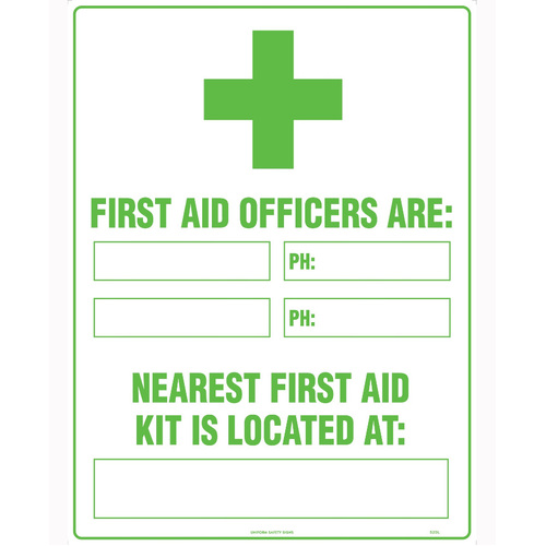 WORKWEAR, SAFETY & CORPORATE CLOTHING SPECIALISTS - 600x400mm - Metal - First Aid Officers are: Nearest First Aid Kit is Located At: