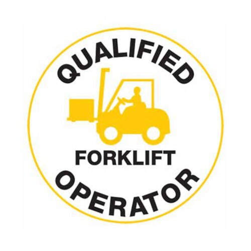 WORKWEAR, SAFETY & CORPORATE CLOTHING SPECIALISTS - 50mm Disc - Self Adhesive - Sheet of 12 - Qualified Forklift Operator Pictogram