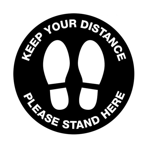 WORKWEAR, SAFETY & CORPORATE CLOTHING SPECIALISTS - 1500x150mm - Anti Slip Floor Graphics - Carpet - Keep Your Distance, Please Stand Here (Blk/Wht with 1.5mtr picto)