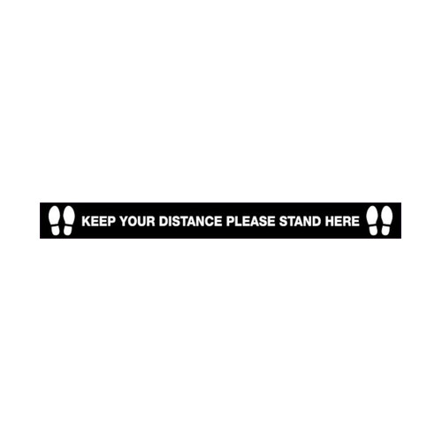 WORKWEAR, SAFETY & CORPORATE CLOTHING SPECIALISTS 1500x150mm - Anti Slip Floor Graphics - Carpet - Keep Your Distance, Please Stand Here (Blk/Wht with feet picto)