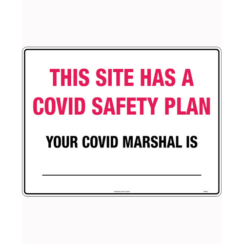 WORKWEAR, SAFETY & CORPORATE CLOTHING SPECIALISTS - 600x400mm - Corflute - This Site Has a Covid Safety Plan, Your Covid Marshal is _