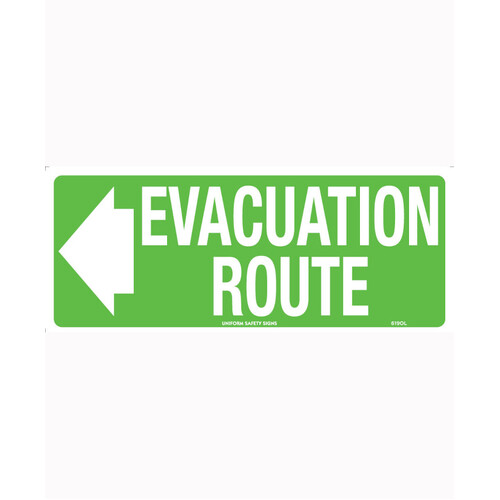 WORKWEAR, SAFETY & CORPORATE CLOTHING SPECIALISTS - 350x145mm - Metal - Luminous - Evacuation Route (with left arrow)