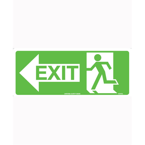 WORKWEAR, SAFETY & CORPORATE CLOTHING SPECIALISTS - 350x145mm - Self Adhesive - Luminous - Running Man With Exit and Left Arrow