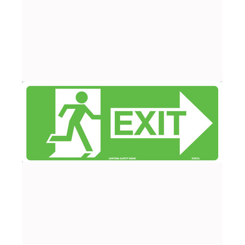 WORKWEAR, SAFETY & CORPORATE CLOTHING SPECIALISTS - 350x145mm - Self Adhesive - Luminous - Running Man With Exit and Right Arrow