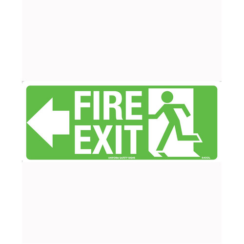 WORKWEAR, SAFETY & CORPORATE CLOTHING SPECIALISTS - 350x145mm - Self Adhesive - Luminous - Fire Exit with Arrow Left