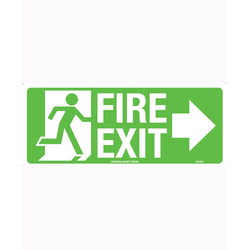 WORKWEAR, SAFETY & CORPORATE CLOTHING SPECIALISTS - 350x145mm - Self Adhesive - Luminous - Fire Exit with Arrow Right