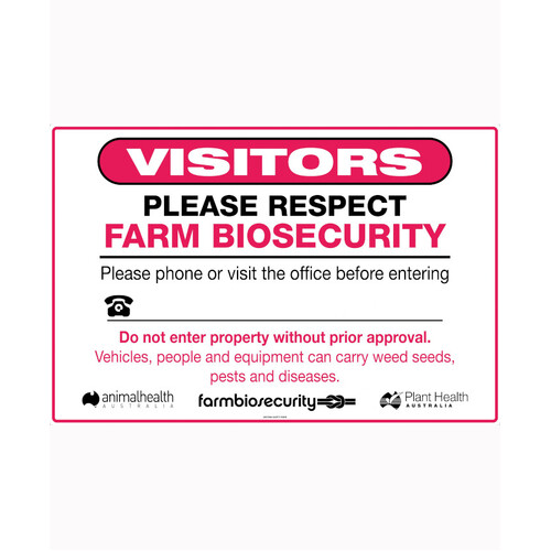 WORKWEAR, SAFETY & CORPORATE CLOTHING SPECIALISTS - 900x600mm - Corflute - Visitors Please Respect Farm Biosecurity