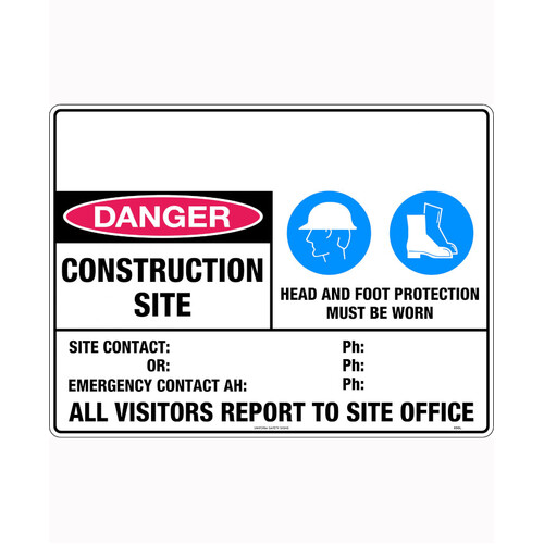 WORKWEAR, SAFETY & CORPORATE CLOTHING SPECIALISTS - 600x400mm - Corflute - Danger Construction Site Head and Foot Protection Must Be Worn Etc.