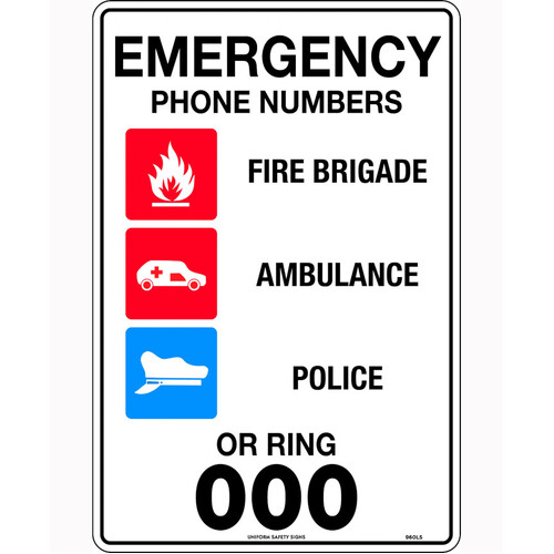 WORKWEAR, SAFETY & CORPORATE CLOTHING SPECIALISTS - 450x300mm - Poly - Emergency Phone Numbers or Ring 000