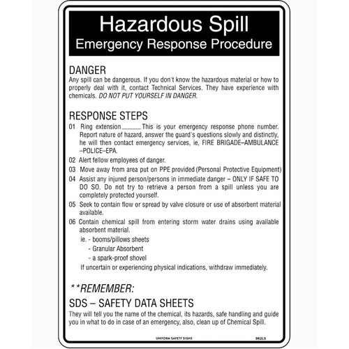 WORKWEAR, SAFETY & CORPORATE CLOTHING SPECIALISTS - 450x300mm - Metal - Hazardous Spill Emergency Response Procedure