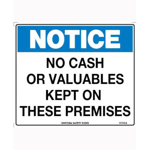 WORKWEAR, SAFETY & CORPORATE CLOTHING SPECIALISTS 140x120mm - Self Adhesive - Packet of 4 - Notice No Cash or Valuables Kept on These Premises