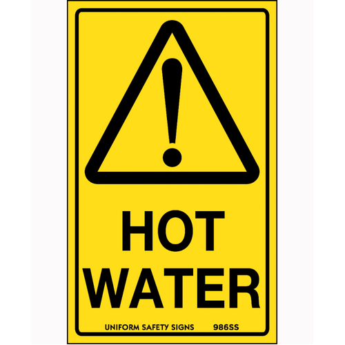 WORKWEAR, SAFETY & CORPORATE CLOTHING SPECIALISTS - 90x55mm - Self Adhesive - Sheet of 10 - Caution Hot Water