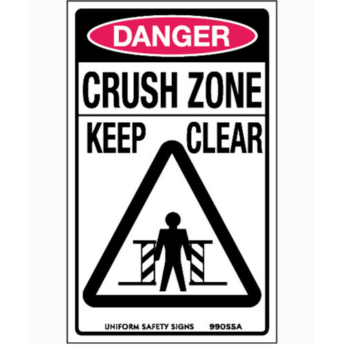 WORKWEAR, SAFETY & CORPORATE CLOTHING SPECIALISTS - 90x55mm - Self Adhesive - Sheet of 10 - Danger Crush Zone Keep Clear