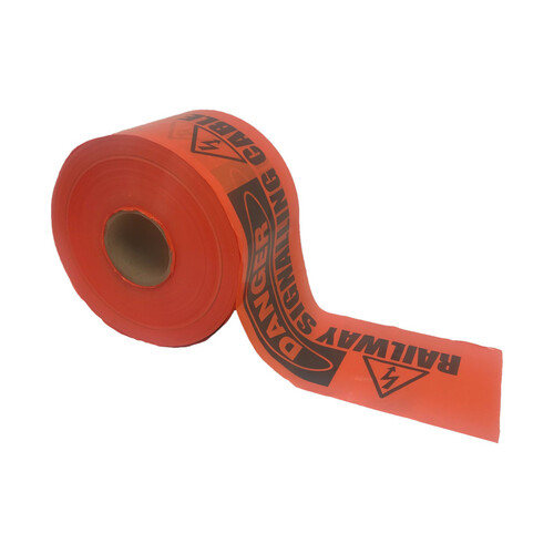 WORKWEAR, SAFETY & CORPORATE CLOTHING SPECIALISTS - 150mm x 500mtr - Non-Detectable Underground Barrier Tape - (Black on Orange) Danger Railway Signalling Cable Below