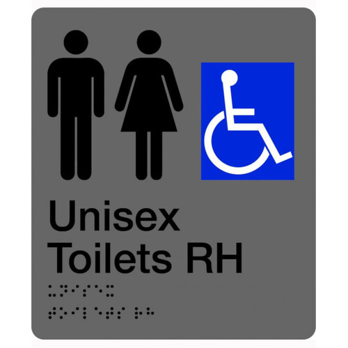 WORKWEAR, SAFETY & CORPORATE CLOTHING SPECIALISTS 180x220mm - Braille - Silver PVC - Unisex Accessible Toilets (Right Hand)