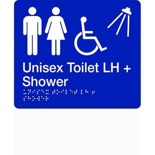 WORKWEAR, SAFETY & CORPORATE CLOTHING SPECIALISTS - 280x220mm - Braille - Blue PVC - Unisex Accessible Toilet and Shower (Left Hand)