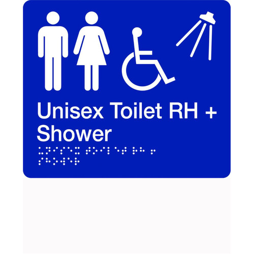 WORKWEAR, SAFETY & CORPORATE CLOTHING SPECIALISTS - 280x220mm - Braille - Blue PVC - Unisex Accessible Toilet and Shower (Right Hand)