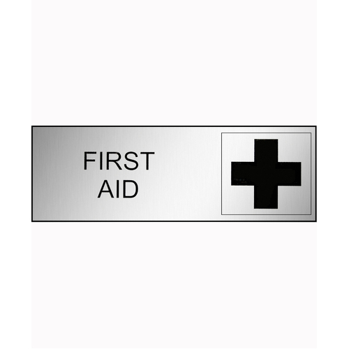 WORKWEAR, SAFETY & CORPORATE CLOTHING SPECIALISTS - 300x100mm - Engraved Label - Black/Brushed Aluminium Traffilite - Adhesive Backed - First Aid (With