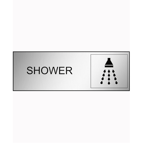 WORKWEAR, SAFETY & CORPORATE CLOTHING SPECIALISTS 300x100mm - Engraved Label - Black/Brushed Aluminium Traffilite - Adhesive Backed - Shower (With Pic