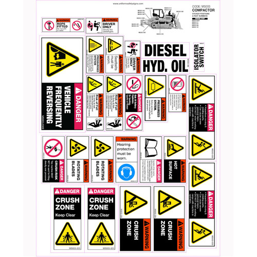 WORKWEAR, SAFETY & CORPORATE CLOTHING SPECIALISTS - 360x780mm - Machinery Sticker Sets - Compactor (36 decals per sheet)