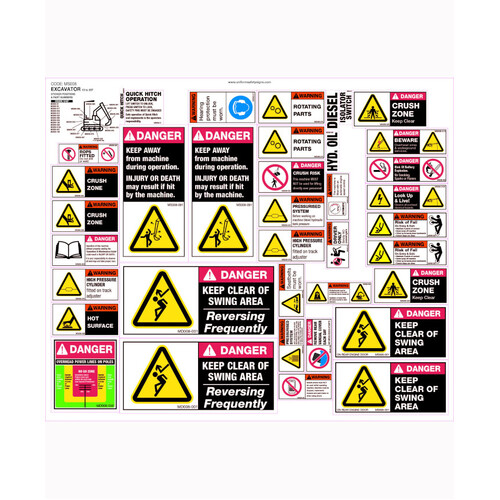 WORKWEAR, SAFETY & CORPORATE CLOTHING SPECIALISTS 460x560mm - Machinery Sticker Sets - Excavator 13 to 35T (37 decals per sheet)