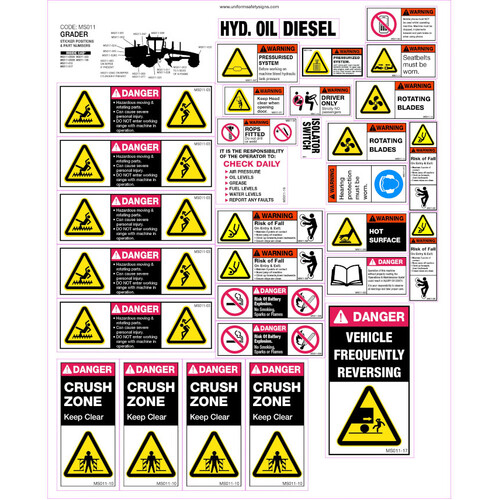 WORKWEAR, SAFETY & CORPORATE CLOTHING SPECIALISTS - 425x515mm - Machinery Sticker Sets - Grader (31 decals per sheet)