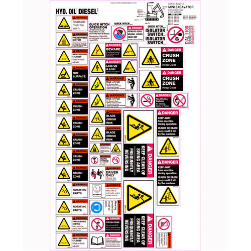 WORKWEAR, SAFETY & CORPORATE CLOTHING SPECIALISTS 590x560mm - Machinery Sticker Sets - Mini Excavator (35 decals per sheet)