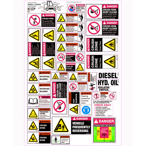 WORKWEAR, SAFETY & CORPORATE CLOTHING SPECIALISTS - 280x580mm - Machinery Sticker Sets - Wheel Loader (32 decals per sheet)