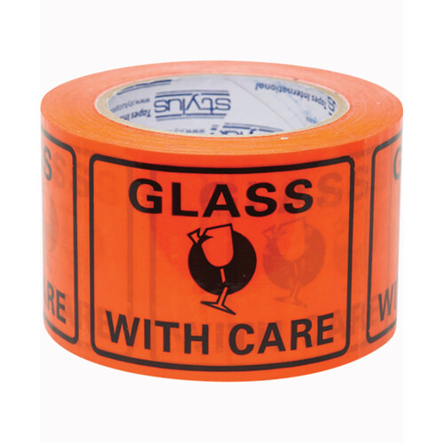 WORKWEAR, SAFETY & CORPORATE CLOTHING SPECIALISTS - 100x75mm Perforated Packaging Labels - Glass With Care (roll 500)