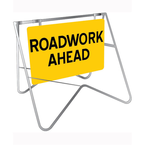 WORKWEAR, SAFETY & CORPORATE CLOTHING SPECIALISTS - 900x600mm - Swing Stand and Sign - Roadwork Ahead