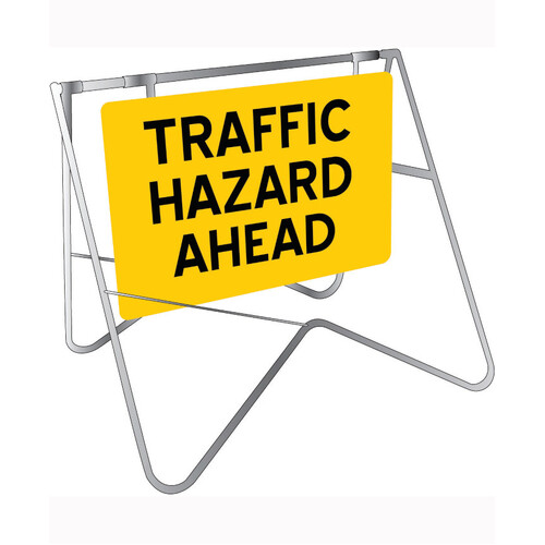WORKWEAR, SAFETY & CORPORATE CLOTHING SPECIALISTS 900x600mm - Swing Stand and Sign - Traffic Hazard Ahead