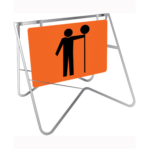 WORKWEAR, SAFETY & CORPORATE CLOTHING SPECIALISTS - 900x600mm - Swing Stand and Sign - Symbolic Stop/Slow Man