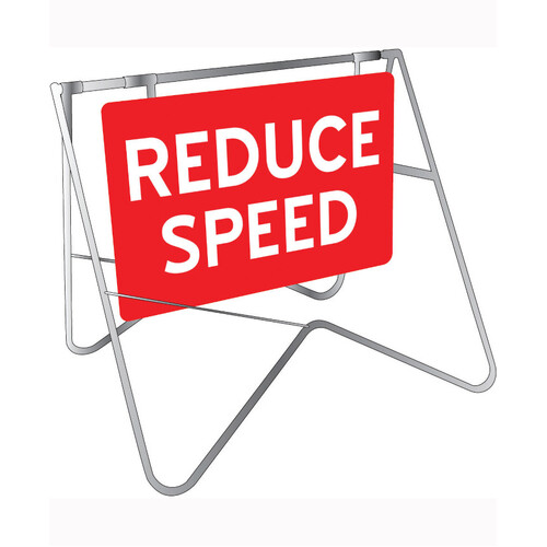 WORKWEAR, SAFETY & CORPORATE CLOTHING SPECIALISTS 900x600mm - Swing Stand and Sign - Reduce Speed