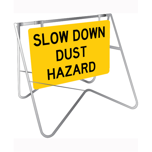 WORKWEAR, SAFETY & CORPORATE CLOTHING SPECIALISTS 900x600mm - Class 1 - Swing Stand and Sign - Slow Down Dust Hazard