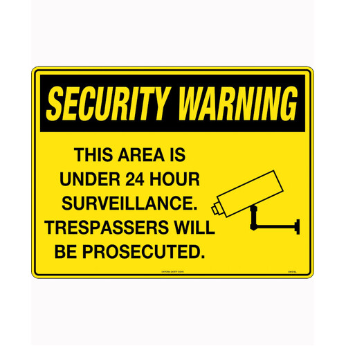 WORKWEAR, SAFETY & CORPORATE CLOTHING SPECIALISTS 450x300mm - Poly - Security Warning This Area is under 24 Hour Surveillance.  Trespassers will be Pr