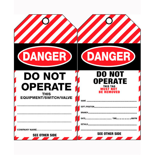 WORKWEAR, SAFETY & CORPORATE CLOTHING SPECIALISTS - 75x160mm - Cardboard Tags - Pkt of 25 - Danger Do Not Operate This Equipment/Switch/Valve