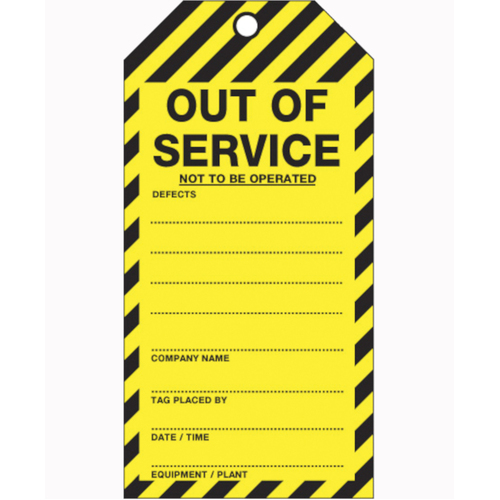 WORKWEAR, SAFETY & CORPORATE CLOTHING SPECIALISTS - 75x160mm - Tear Proof Tags - Pkt of 25 - Out of Service Not To Be Operated