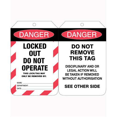 WORKWEAR, SAFETY & CORPORATE CLOTHING SPECIALISTS - 90x140mm - Cardboard Tags - Pkt of 100 - Danger Locked Out Do Not Operate (With Red Striped Border)