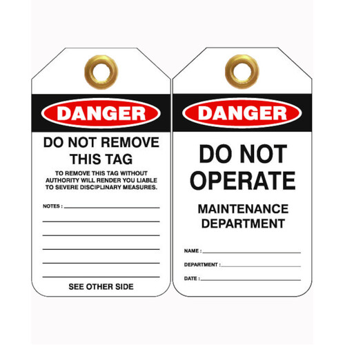WORKWEAR, SAFETY & CORPORATE CLOTHING SPECIALISTS - 80x140mm -  Heavy Duty PVC Tags - Pkt of 25 - Do Not Operate Maintenance Department