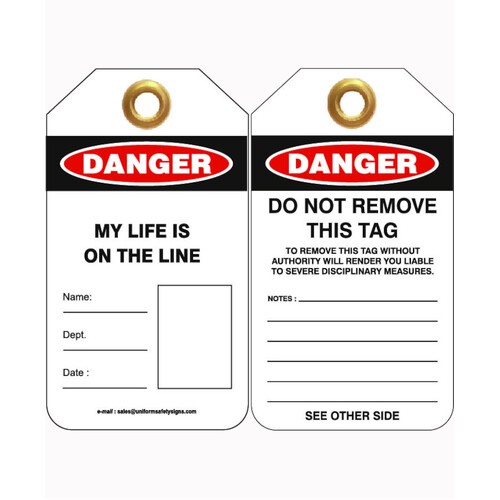 WORKWEAR, SAFETY & CORPORATE CLOTHING SPECIALISTS - 80x140mm -  Heavy Duty PVC Tags - Pkt of 25 - Danger My Life Is On The Line