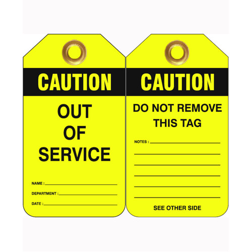 WORKWEAR, SAFETY & CORPORATE CLOTHING SPECIALISTS - 80x140mm -  Heavy Duty PVC Tags - Pkt of 25 - Caution Out Of Service