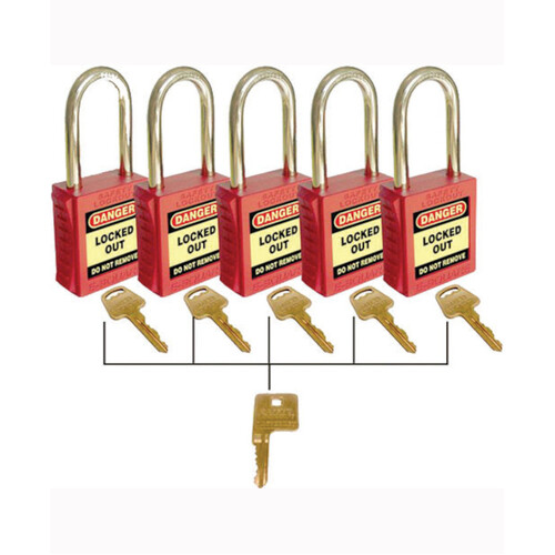 WORKWEAR, SAFETY & CORPORATE CLOTHING SPECIALISTS - 42mm Premium Safety Padlocks - Red - Set of 5 With Master Key