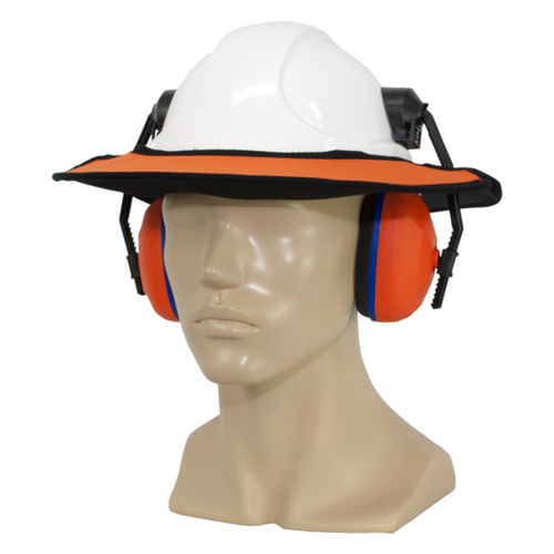 WORKWEAR, SAFETY & CORPORATE CLOTHING SPECIALISTS Earmuff Hard Hat Brim Orange/Black with Brimlock and Black cotton tape-Orange / Black-One Size