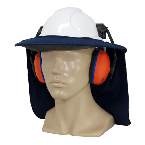 WORKWEAR, SAFETY & CORPORATE CLOTHING SPECIALISTS Earmuff Hard Hat Brim with Hook and Loop, and Navy Neck Flap-Navy-One Size